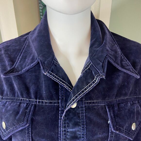 Vintage 70s Navy Blue Velvet Jean-Denim-Style Jacket Wide Collar felt velveteen - Picture 6 of 15